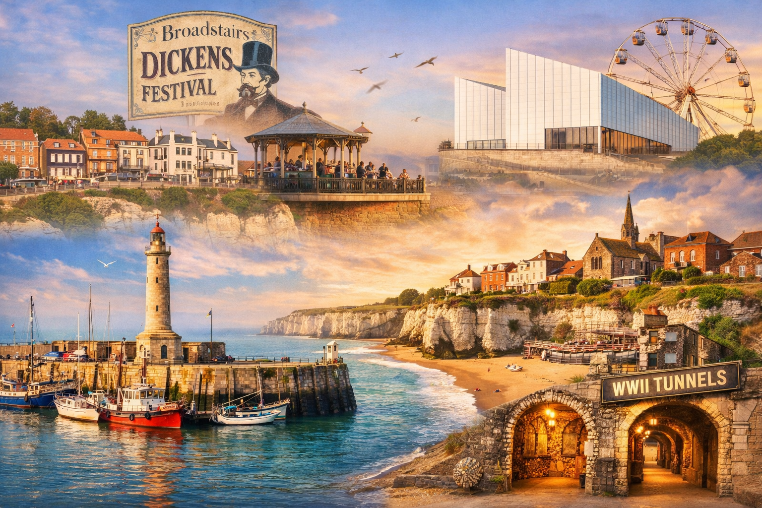 Collage of Thanet attractions including Dickens festival sign, Turner Contemporary gallery, Ramsgate harbour lighthouse, and wartime tunnels