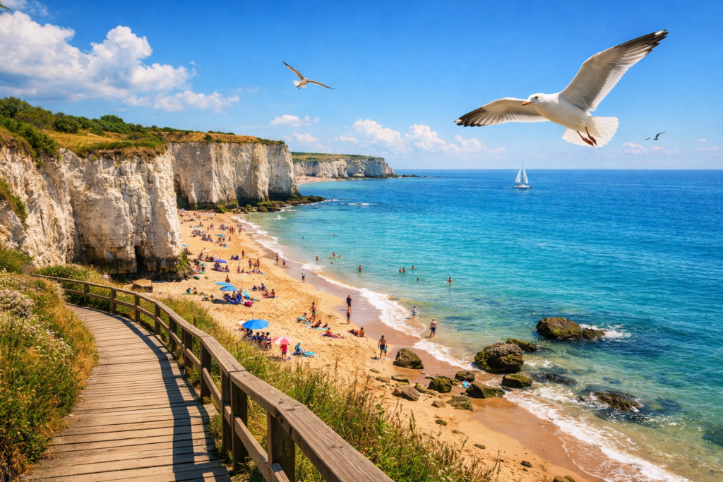 A scenic view of Thanet's coastline featuring chalk cliffs, a sandy beach, boardwalk, and seagulls.