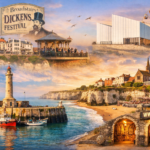 Collage of Thanet attractions including Dickens festival sign, Turner Contemporary gallery, Ramsgate harbour lighthouse, and wartime tunnels