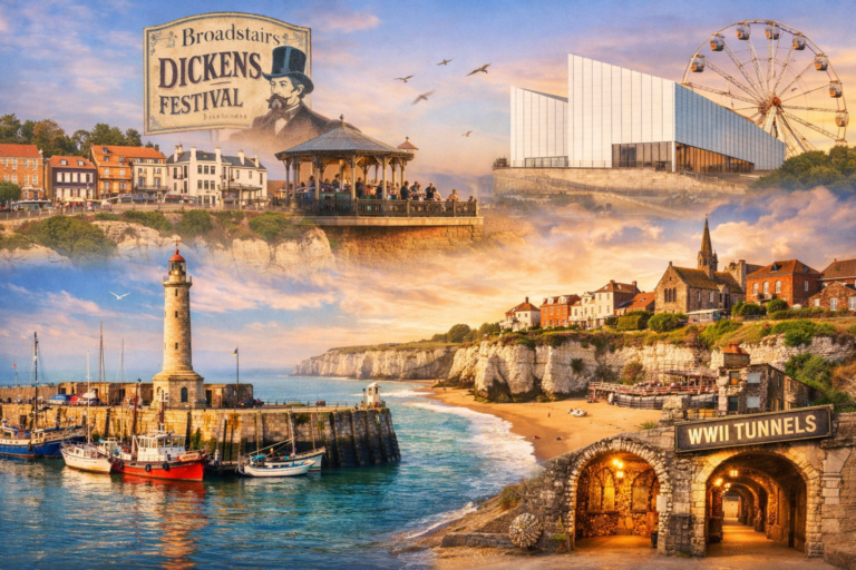 Collage of Thanet attractions including Dickens festival sign, Turner Contemporary gallery, Ramsgate harbour lighthouse, and wartime tunnels