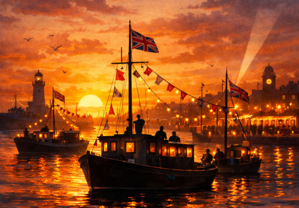 Vibrant, dynamic abstract design representing the excitement and movement of Operation Dynamo with swirling shapes and waves