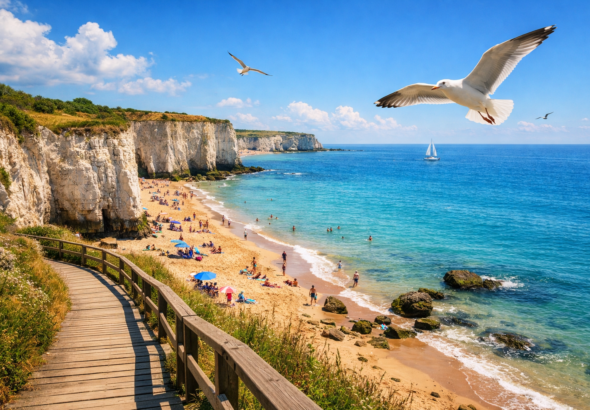 A scenic view of Thanet's coastline featuring chalk cliffs, a sandy beach, boardwalk, and seagulls.