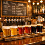 Cozy micropub interior with beer flights and chalkboard menu