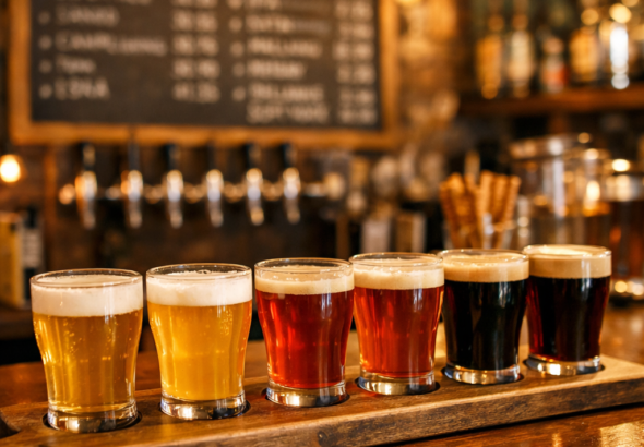 Cozy micropub interior with beer flights and chalkboard menu